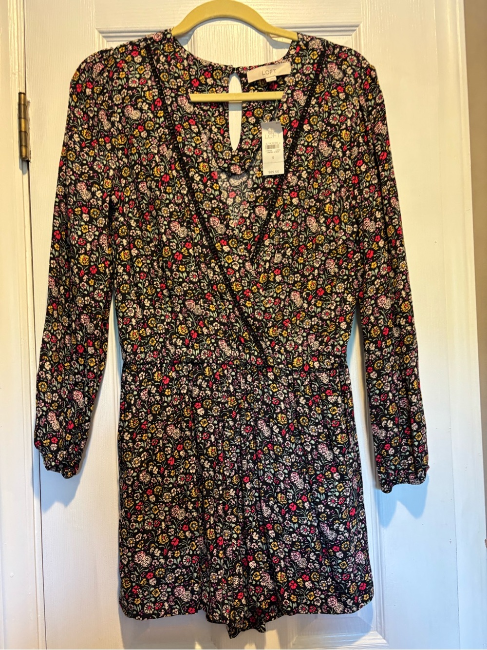 LOFT Black Floral Long-Sleeve V Neck Wrap Romper Dress NWT